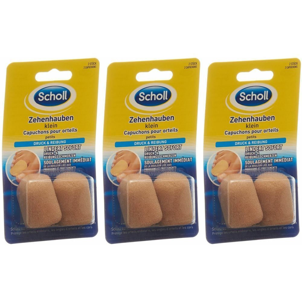 Trois emballages de Scholl Zehenhauben klein. Chaque emballage contient deux protège-orteils beiges. Emballage jaune avec le nom du produit.