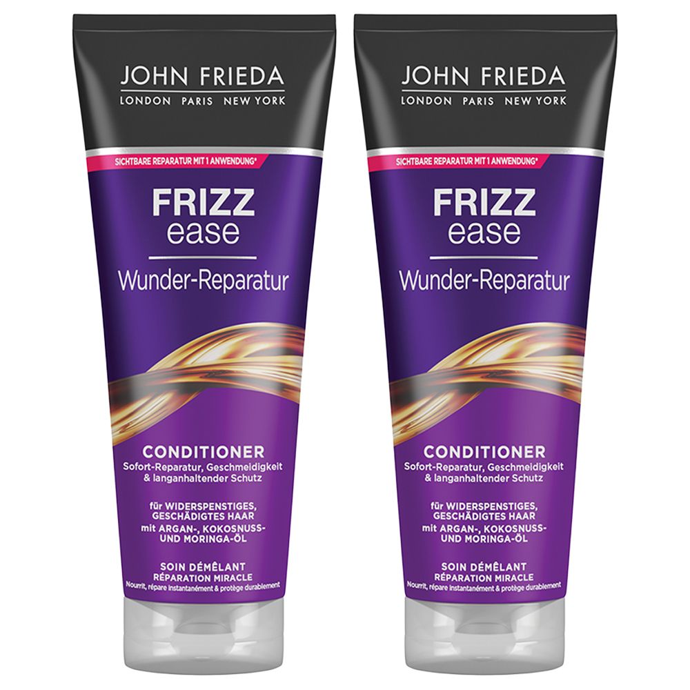 Zwei Tuben JOHN FRIEDA Frizz Ease Conditioner. Lila-goldene Verpackung mit Produktnamen und Text.