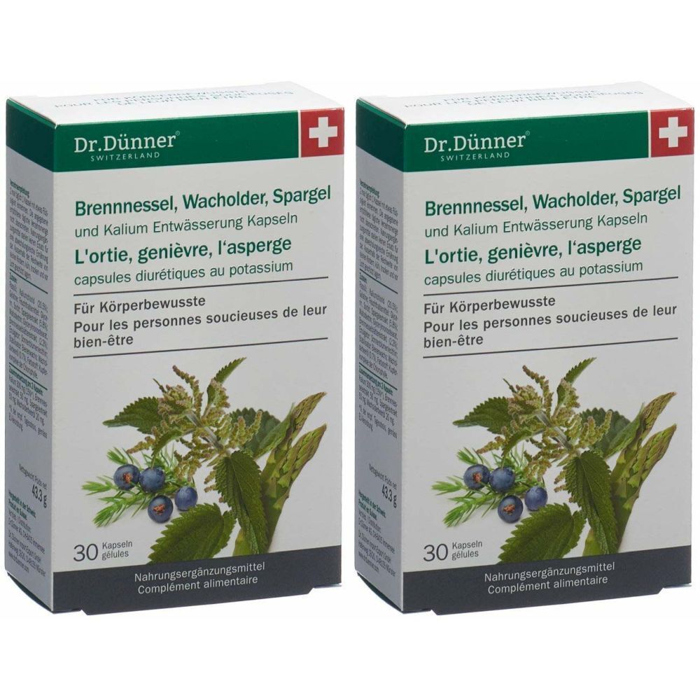 Zwei Kartons mit Produktaufdruck. Aufschrift: Brennnessel, Wacholder, Spargel. Marke: Dr. Dünner. 30 Kapseln.