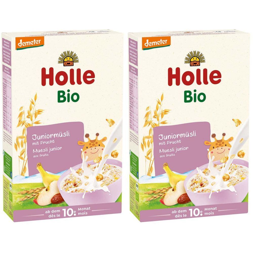 Zwei Kartons Holle Bio Juniormüsli. Aufdruck: Juniormüsli mit Frucht, ab dem 10. Monat. Demeter-Siegel.