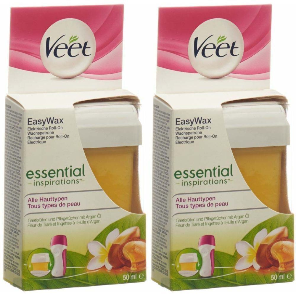 Deux recharges de cire Veet EasyWax. Emballage blanc et rose avec informations et logo du produit.