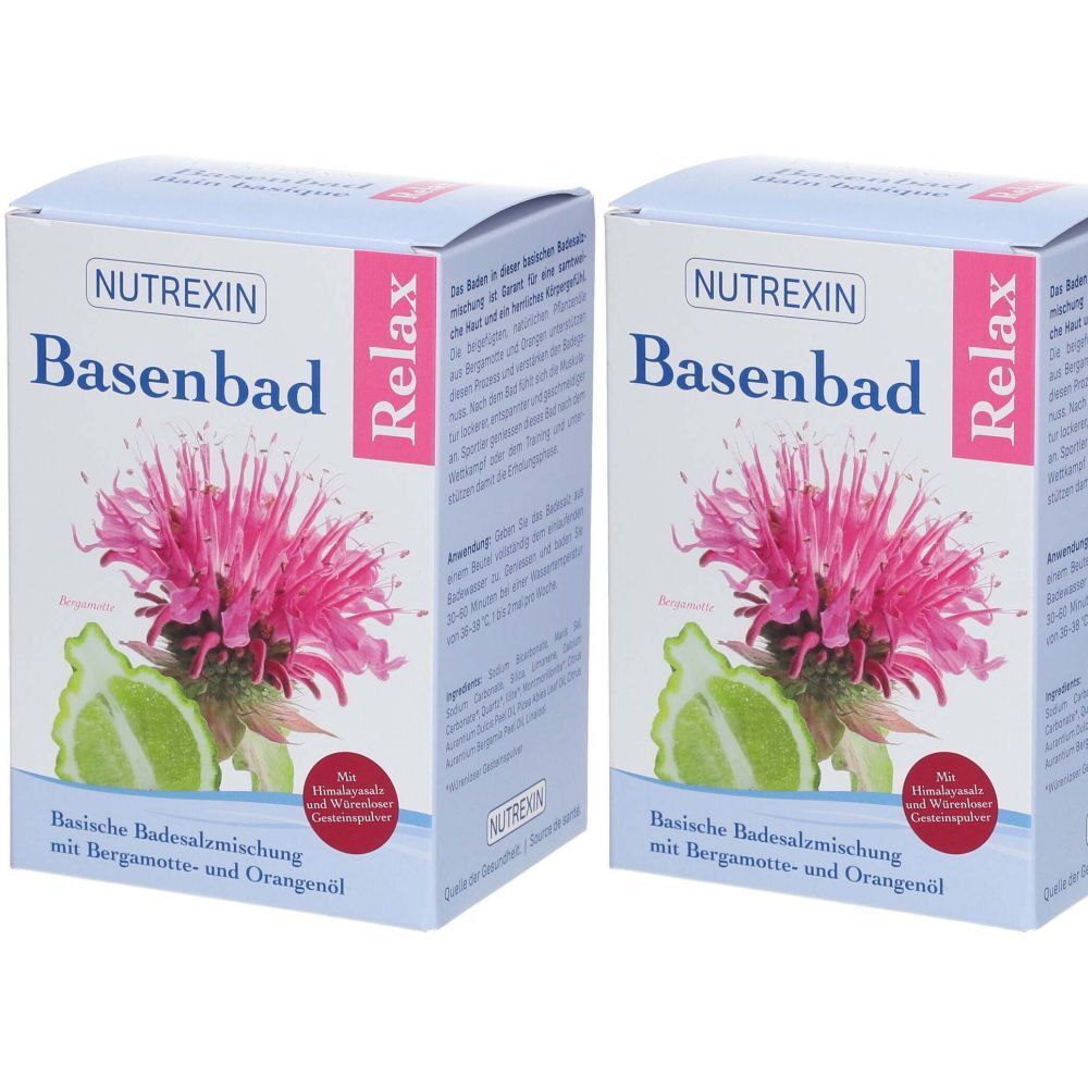 Zwei Kartons NUTREXIN Basenbad. Aufdruck: Relax, Basische Badesalzmischung mit Bergamotte- und Orangenöl. Abbildung einer Blüte und Limette.
