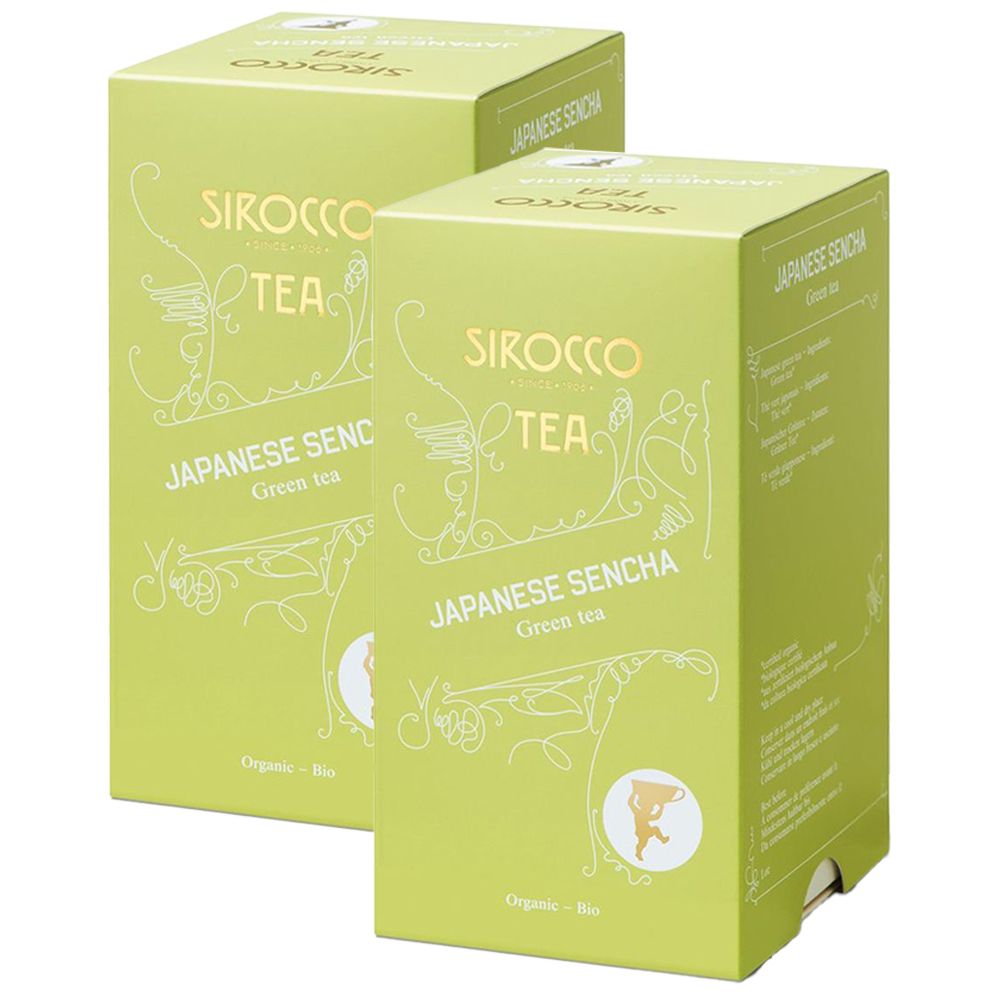 Zwei grüne Kartons mit Aufschrift SIROCCO TEA, JAPANESE SENCHA. Aufdrucke: Organic - Bio, Green tea.