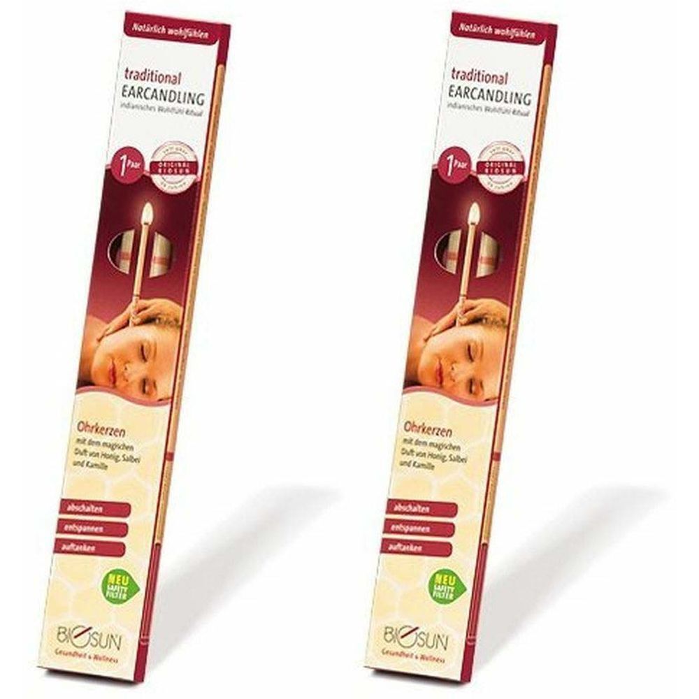 Zwei Packungen Ohrkerzen. Aufdruck: traditional EARCANDLING, Biosun. Abbildung einer Person während der Anwendung.