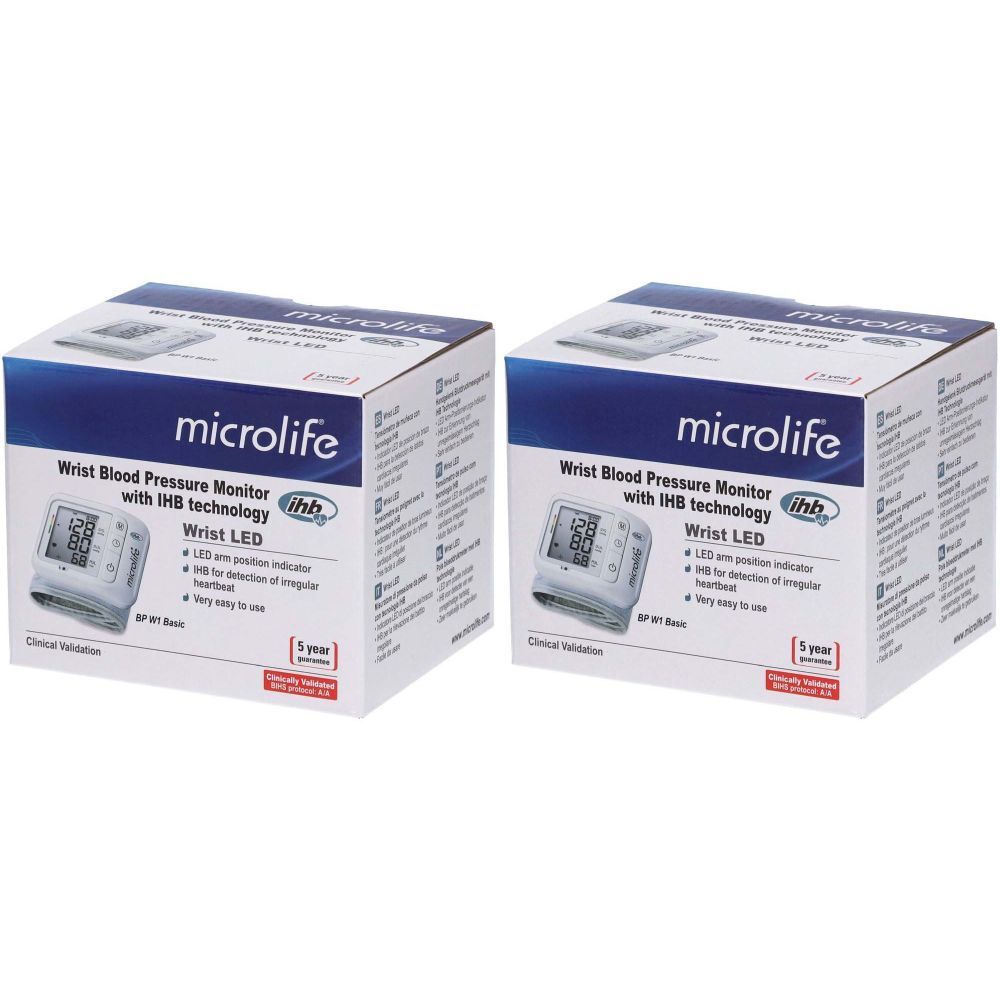 Zwei Microlife-Blutdruckmessgeräte in Verpackung. Aufschrift: Wrist Blood Pressure Monitor mit IHB-Technologie, Wrist LED. 5 Jahre Garantie.