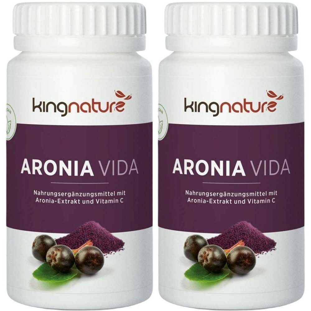 Zwei weiße Flaschen mit dem Aufdruck "kingnature ARONIA VIDA". Darunter Text: Nahrungsergänzungsmittel mit Aronia-Extrakt und Vitamin C. Abgebildet sind Aronia-Beeren.
