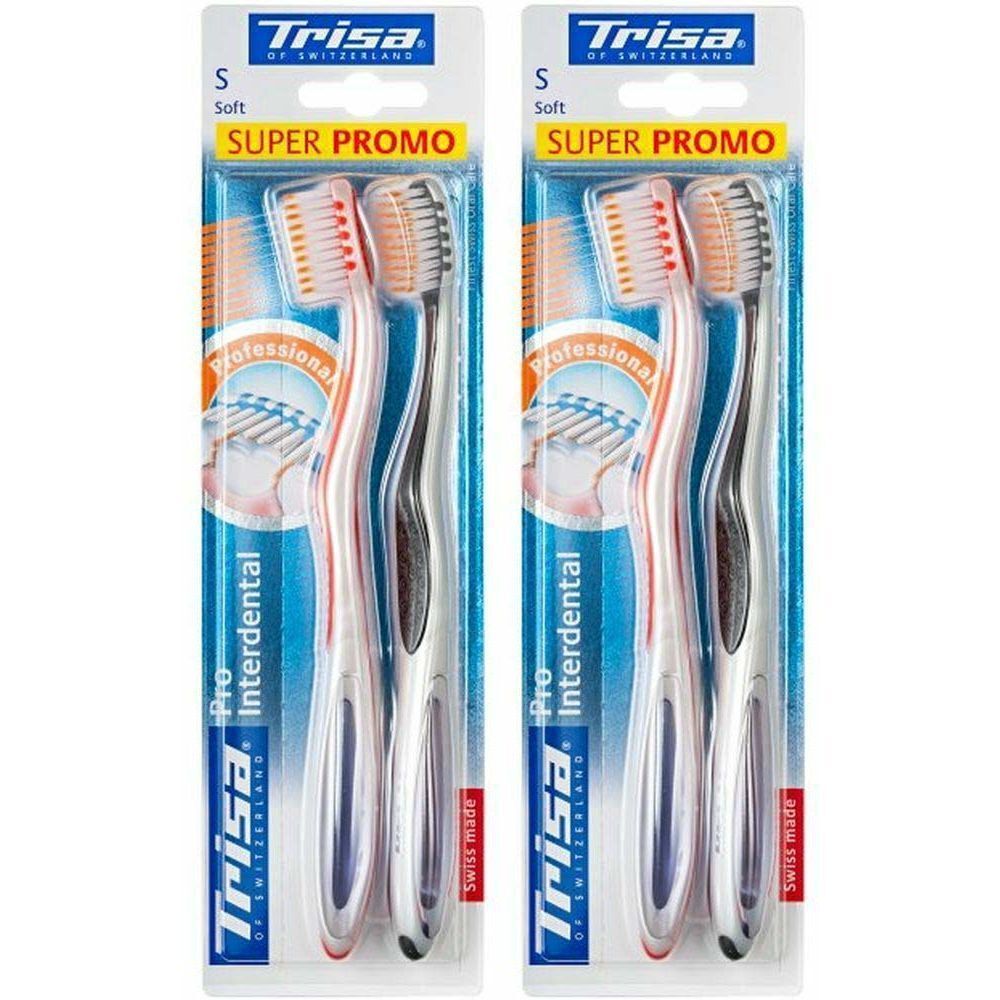 Zwei Zahnbürsten in Blisterverpackung. Marke Trisa, Modell Pro Interdental Duo soft. Aufschrift: Super Promo.