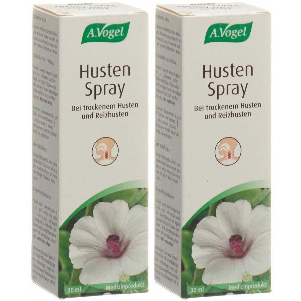 Zwei Schachteln mit Hustenspray. Aufschrift: A. Vogel, Husten Spray. Mit Blüte und grünen Blättern.