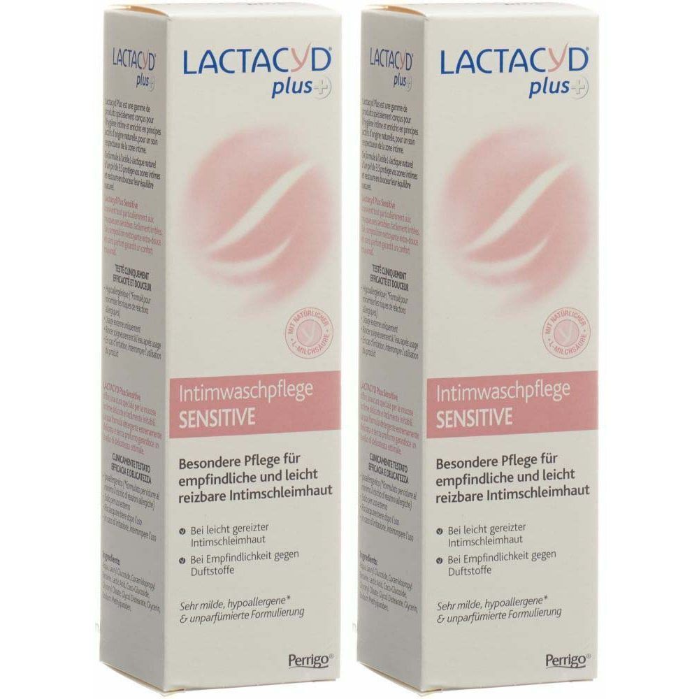 Zwei Kartons LACTACYD plus sensitive Intimwaschpflege. Rosa Akzent, Text: Besondere Pflege für empfindliche Intimschleimhaut.