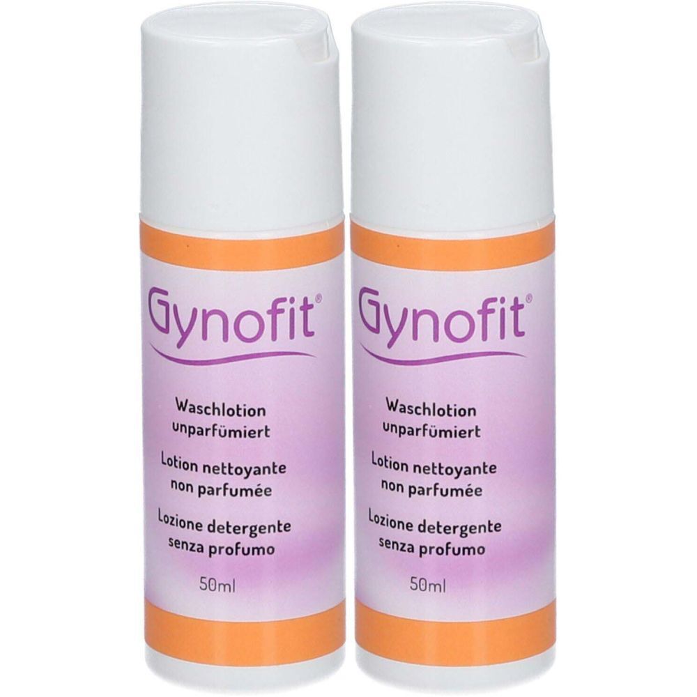 Deux flacons de Gynofit Waschlotion. Bouchons blancs, bande orange, étiquette violette avec texte en allemand, français et italien.