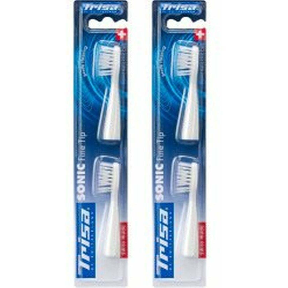 Zwei Packungen Trisa Sonic Fine Tip Aufsteckbürsten. Jede Packung enthält zwei Bürstenköpfe. Weiße Borsten, blaue Verpackung.