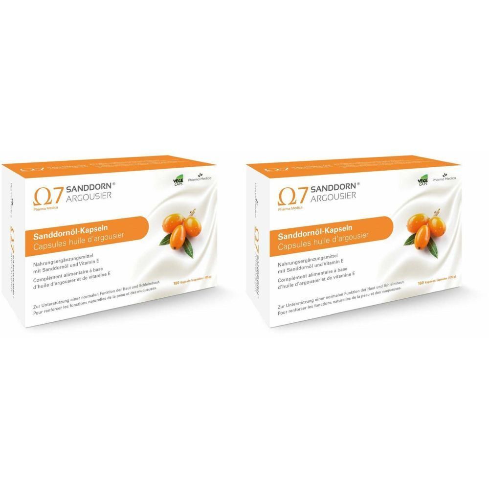 Zwei Schachteln mit Sanddorn Argousier Omega 7 Kapseln. Orangefarbene Schrift auf weißem Hintergrund. Abbildung von Beeren.