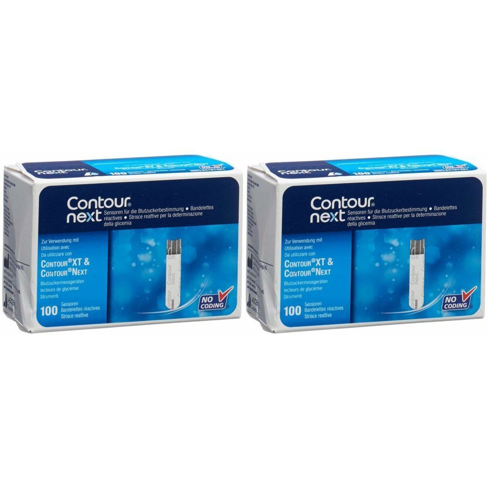 Zwei Packungen Teststreifen. Aufschrift: Contour next, Contour XT & Contour Next, 100 Stück. Keine Codierung.