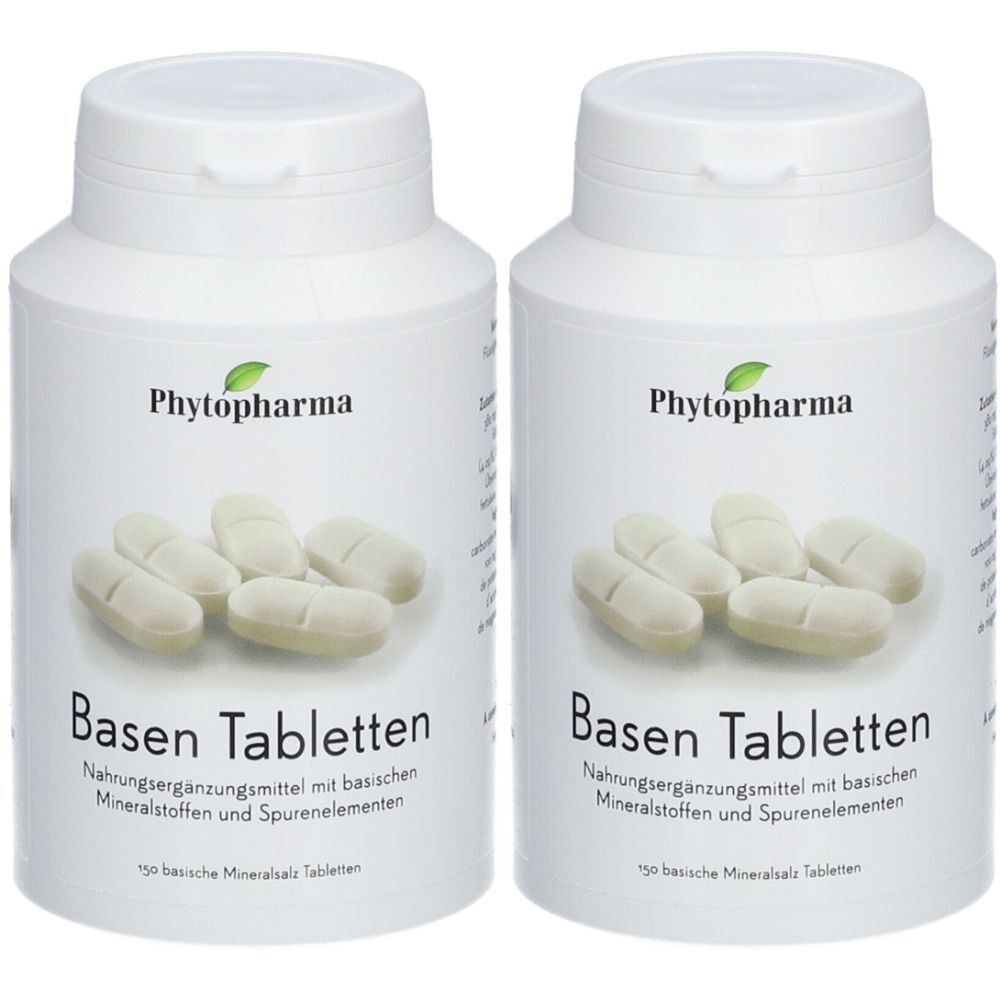 Zwei weiße Flaschen mit Tabletten. Aufschrift: Phytopharma, Basen Tabletten. Nahrungsergänzungsmittel mit Mineralstoffen und Spurenelementen.