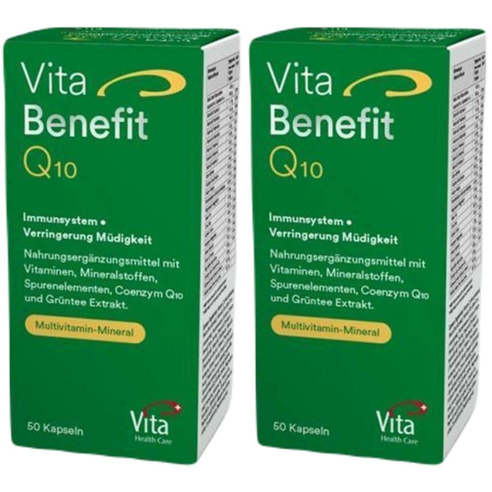Zwei grüne Schachteln mit "Vita Benefit Q10". Text: Immunsystem, Verringerung Müdigkeit, Multivitamin-Mineral. 50 Kapseln.