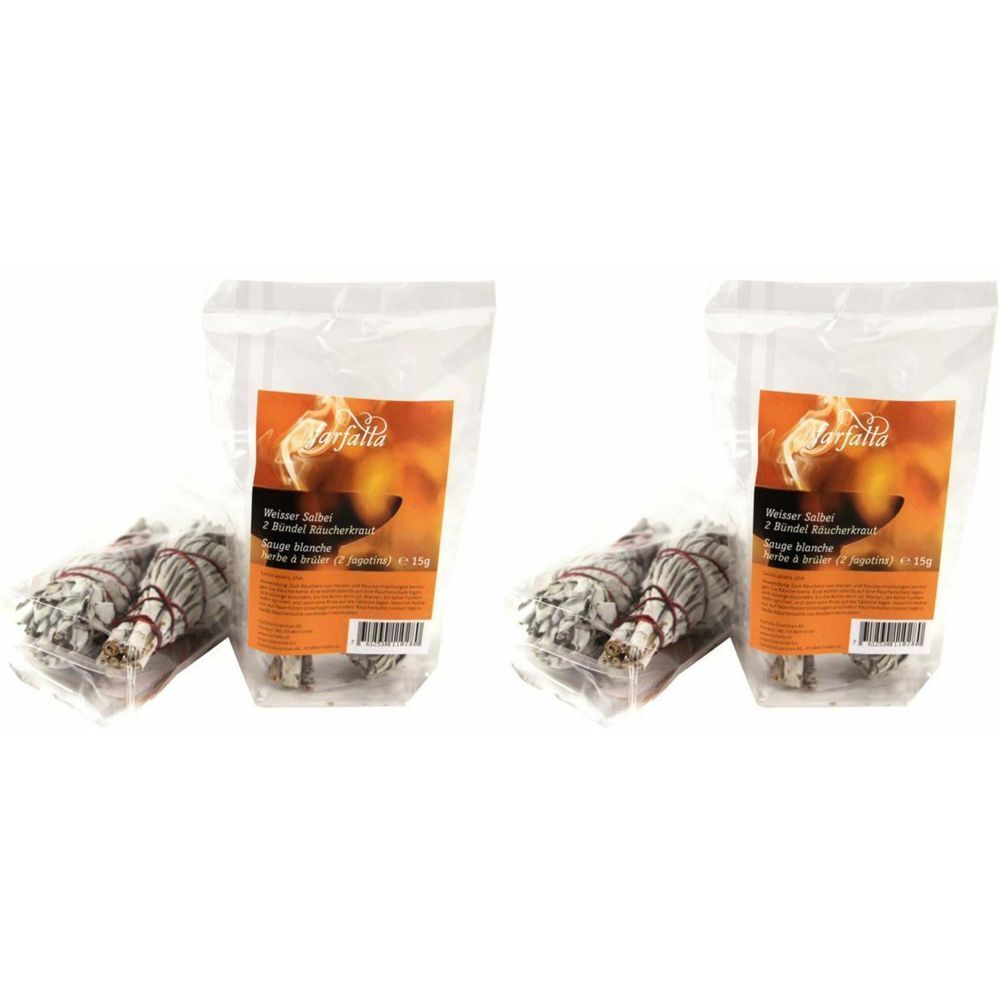 Zwei Packungen Weisser Salbei, je zwei Bündel. Klarsichtverpackung mit orangefarbenem Etikett. Marke: farfalla.