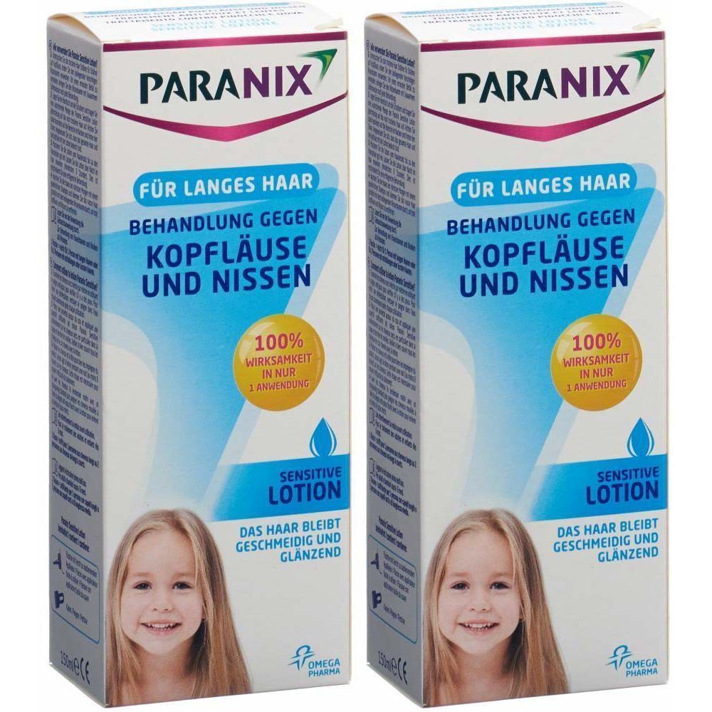 Zwei PARANIX-Verpackungen. Aufschrift: Behandlung gegen Kopfläuse und Nissen für langes Haar. Abbildung eines Mädchens. Sensitive Lotion.
