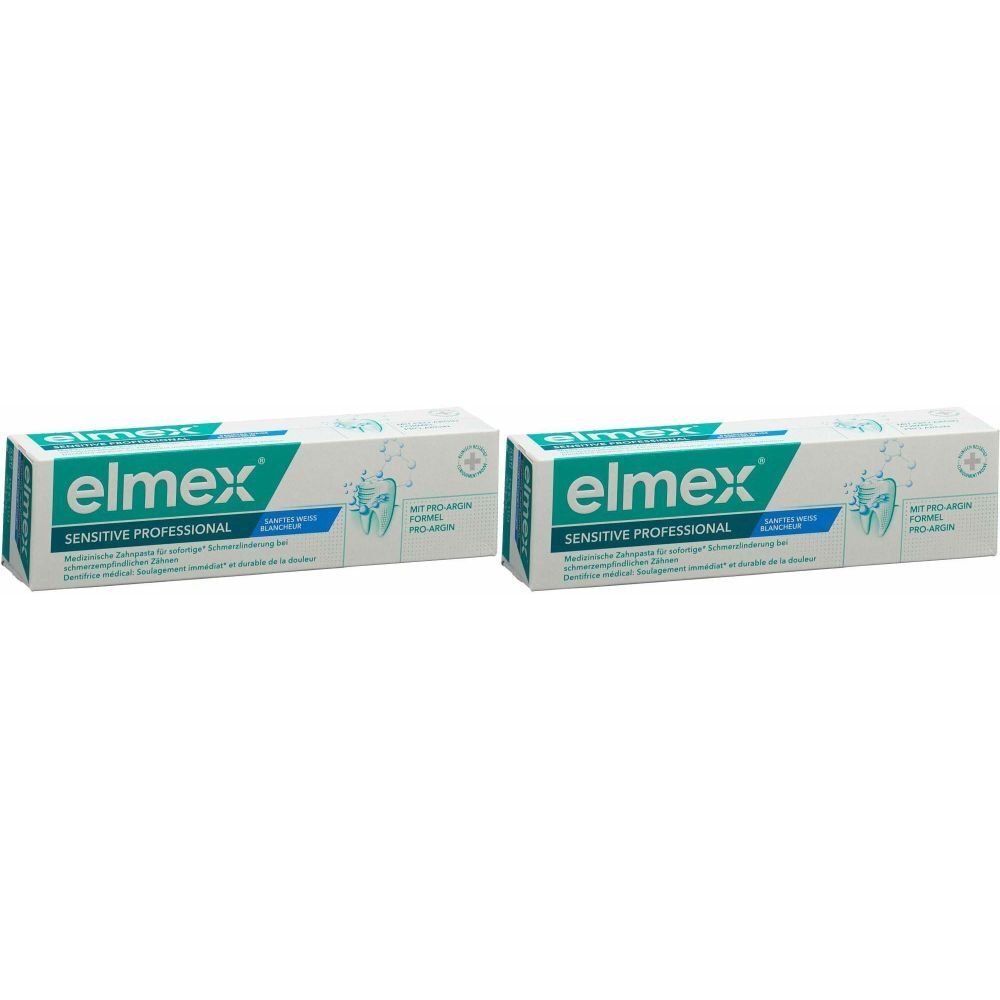 Zwei Packungen ELMEX® Sensitive Professional Zahnpasta blancheur. Die Verpackung ist weiß mit grünen und blauen Akzenten. Der Markenname und Produktname sind deutlich sichtbar. Auf der Verpackung sind Illustrationen von Zähnen und Wasserstrahlen zu sehen.