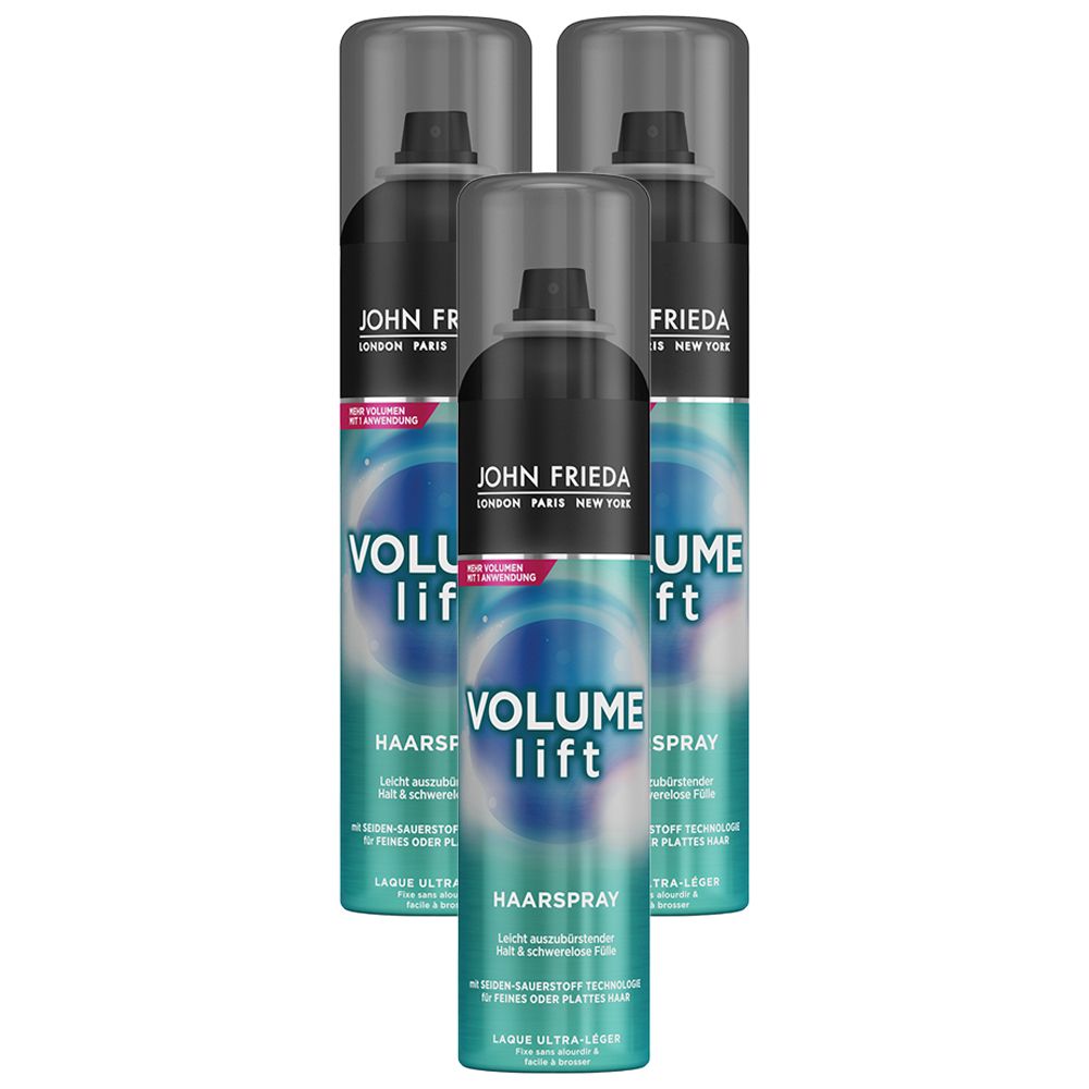 Trois flacons de laque pour cheveux. Bouchons noirs, étiquettes bleues et blanches. Inscription : JOHN FRIEDA, VOLUME lift, HAARSPRAY.