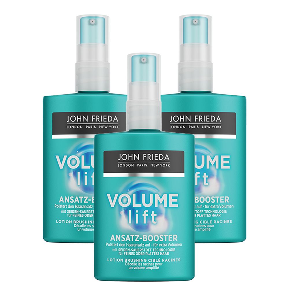 Drei Flaschen JOHN FRIEDA Volume Lift Ansatz-Booster. Türkisgrüne Flaschen mit Sprühkopf und schwarzem Etikett mit weißer Schrift.