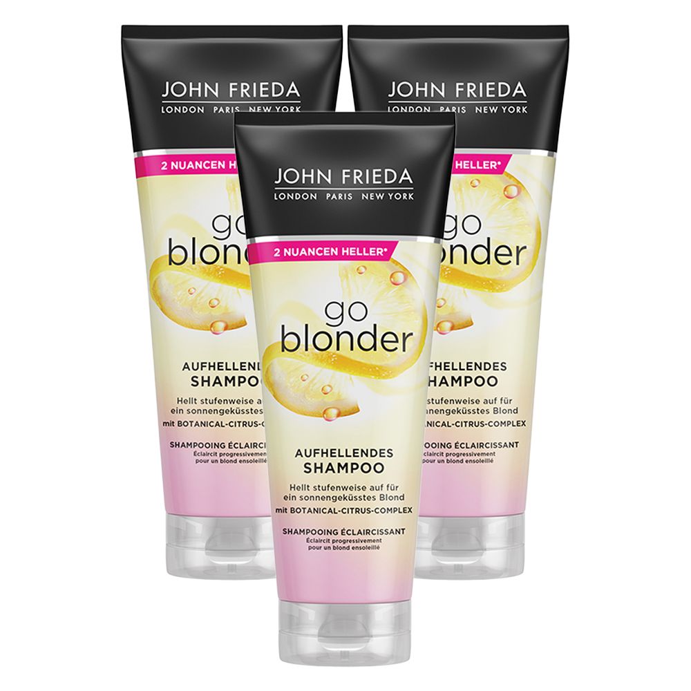 Trois tubes de shampooing "go blonder". Bouchon noir, éléments roses et jaunes. Inscription "JOHN FRIEDA".
