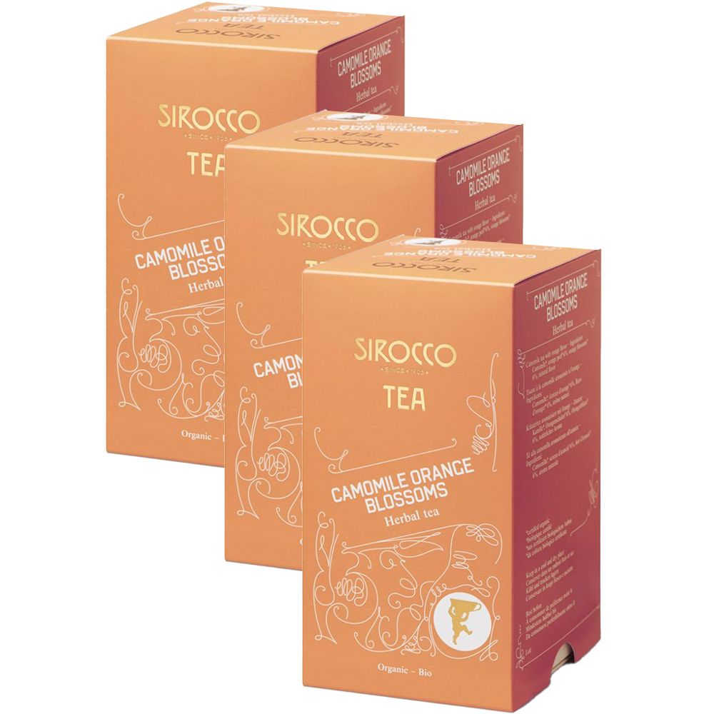 Trois boîtes de thé SIROCCO. Inscription : Camomile Orange Blossoms, Herbal tea. Emballage orange avec texte blanc.