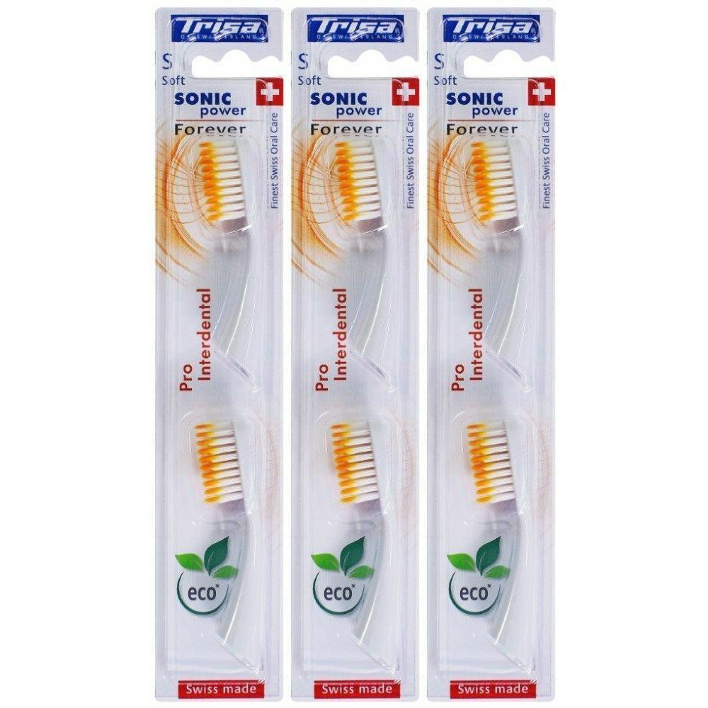 Drei Zahnbürstenköpfe in Blisterverpackung. Aufschrift: Trisa Sonicpower Forever Pro Interdental. Mit Schweizer Kreuz und Eco-Logo.