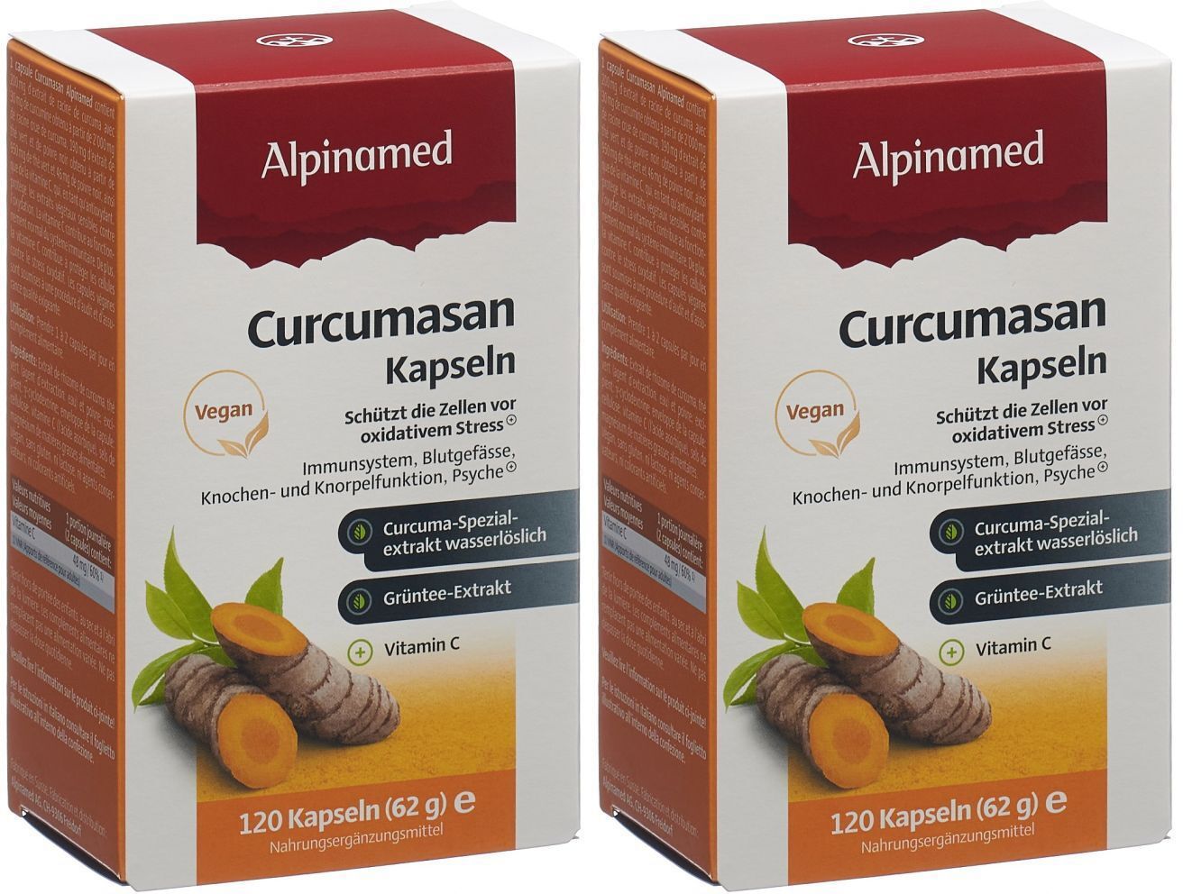 Zwei Schachteln Alpinamed Curcumasan Kapseln. Rote und weiße Verpackung mit Produktnamen und Abbildungen von Kurkuma-Wurzeln.