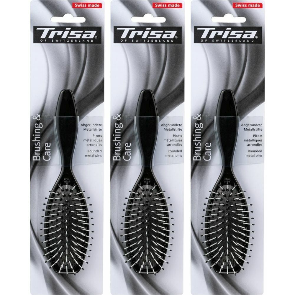Drei Haarbürsten in Verpackung. Schwarze Griffe, ovale Bürstenköpfe mit Metallborsten. Marke: Trisa.