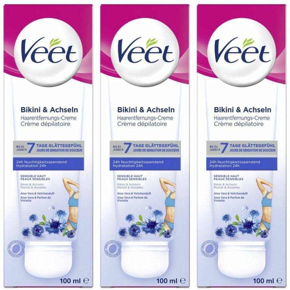 Trois tubes de crème dépilatoire VEET pour le maillot et les aisselles. Tubes blancs avec texte bleu et illustrations.