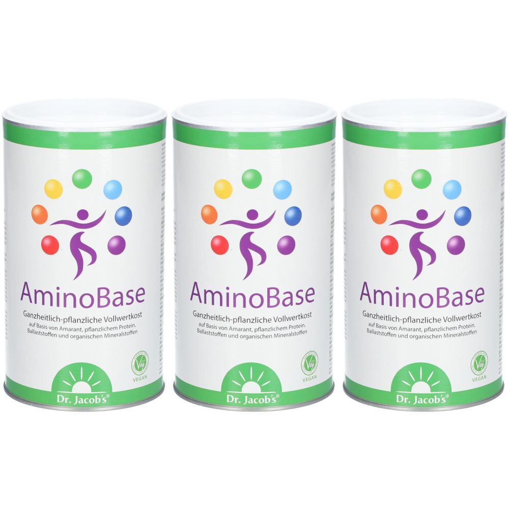 Drei Dosen AminoBase. Weiße Deckel, grüne Banderole. Logo mit Figur und bunten Kreisen. Schriftzug AminoBase und Dr. Jacob's.