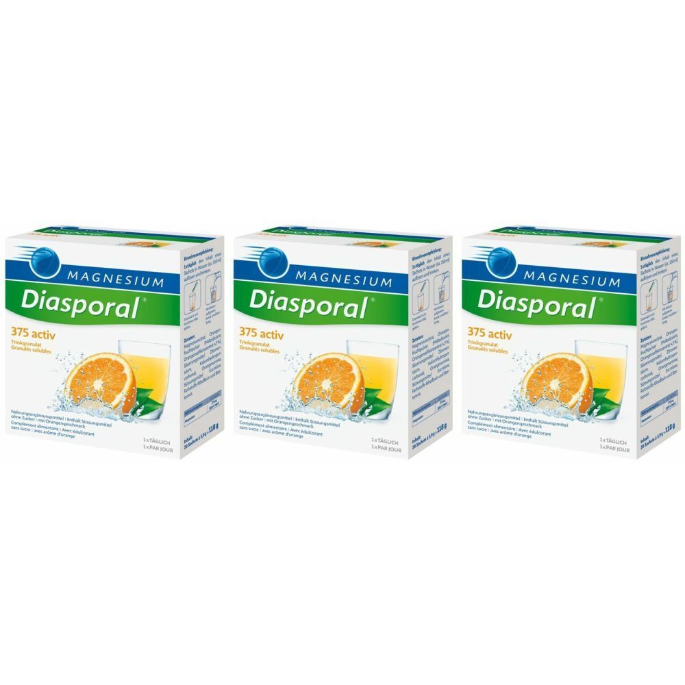 Drei Schachteln MAGNESIUM Diasporal 375 activ. Aufdruck mit Logo, Produktname, und Abbildung einer Orange und eines Getränks.
