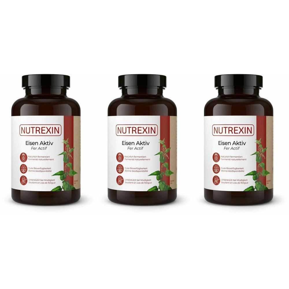 Trois flacons bruns avec des bouchons noirs. Les étiquettes indiquent "NUTREXIN Eisen Aktiv".