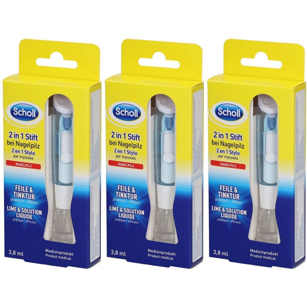 Trois boîtes Scholl. Boîtes jaunes avec stylo et solution pour mycose des ongles. Inscription : 2 en 1 stylo, lime & solution, 3,8 ml.
