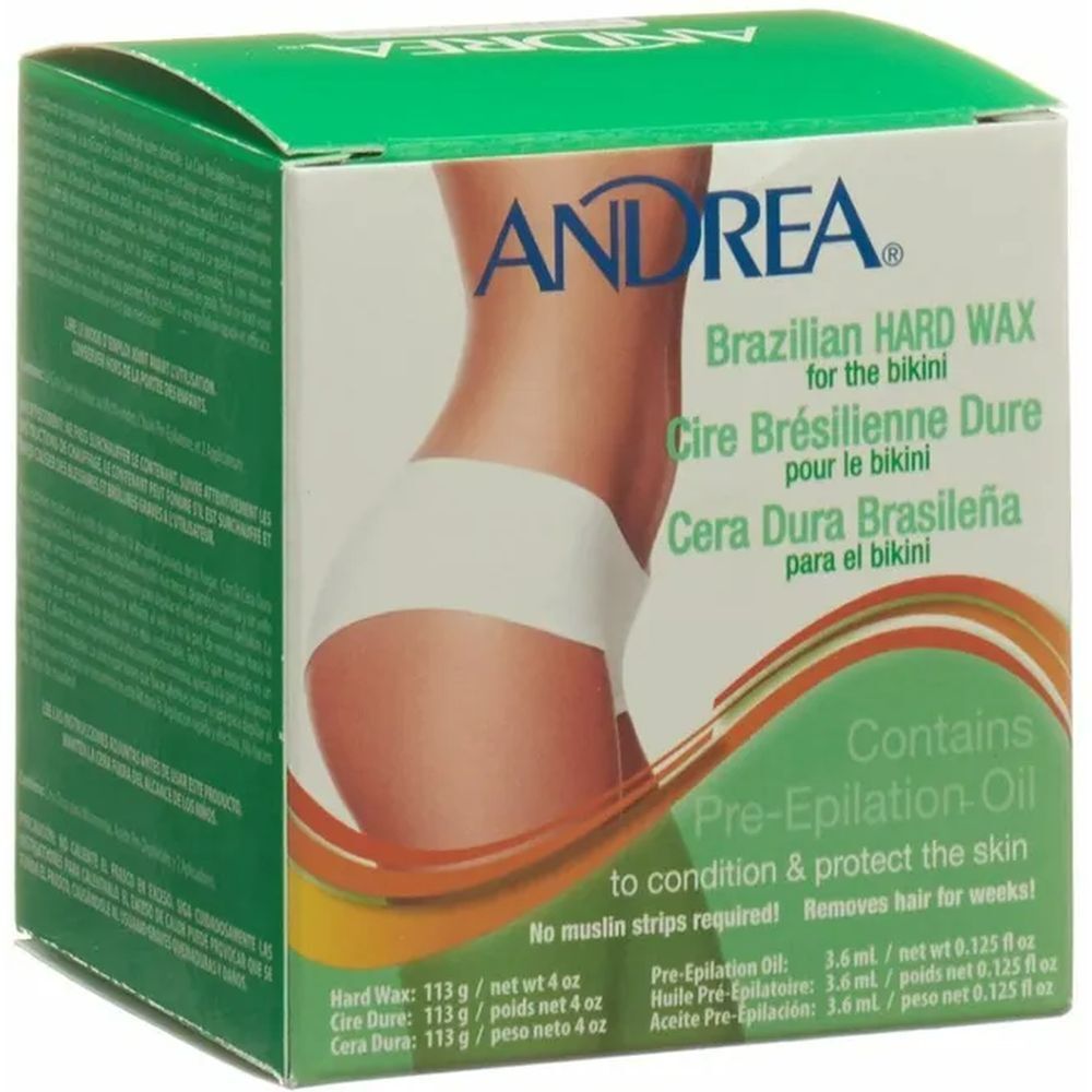 Grüne Box mit Produktinformationen. Enthält brasilianisches Hartwachs für die Bikinizone. Enthält Vor-Epilationsöl.