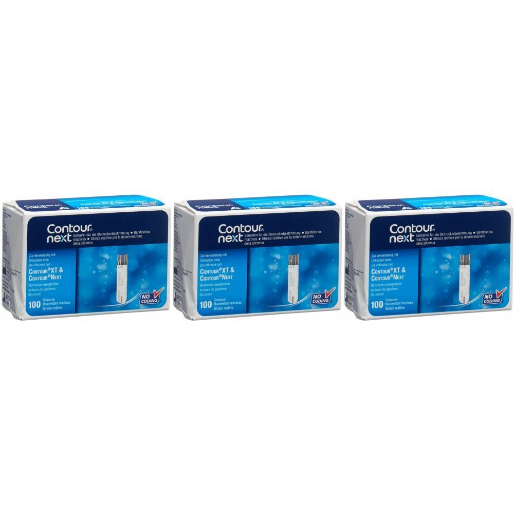 Drei Packungen CONTOUR® NEXT Teststreifen. Blaue und weiße Verpackung mit Produktnamen und Teststreifen-Abbildung.