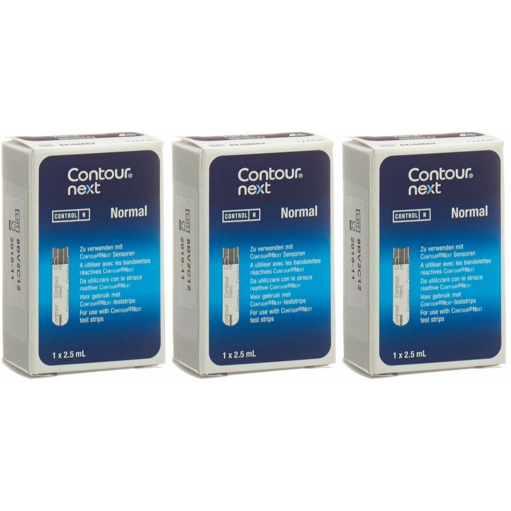 Drei Packungen Contour Next Kontrolllösung. Jede Packung hat eine blaue Vorderseite mit Produktnamen und Text. 1 x 2,5 ml.