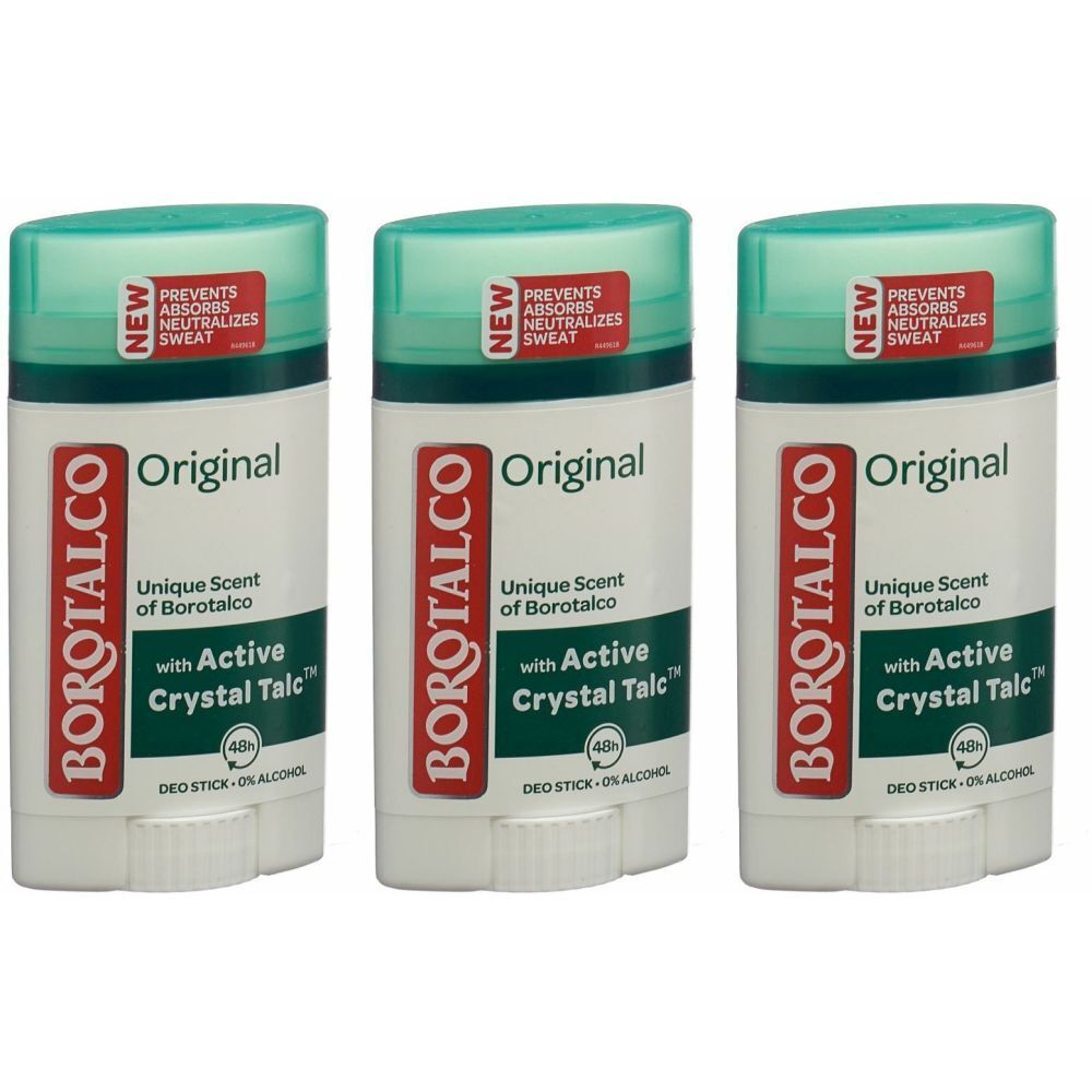 Drei Deosticks mit grünen Deckeln. Aufschrift: BOROTALCO Original, mit Active Crystal Talc. Enthält Text: Prevents, Absorbs, Neutralizes Sweat.