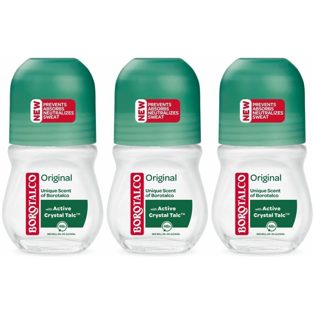 Drei BOROTALCO Original Roll-on Deodorants. Weiße Flaschen mit grünen Kappen. Rote Etiketten mit Text.