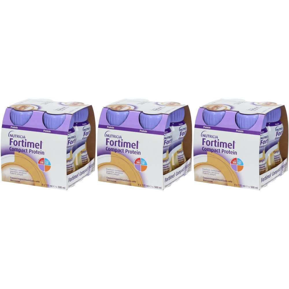 Drei Packungen Nutricia Fortimel Eiweiss-Kompakt Cappucino. Jede Packung enthält vier Flaschen. Aufdruck: Compact Protein.