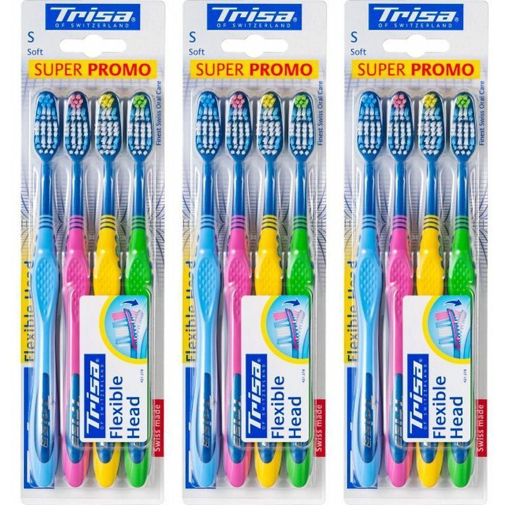 Trois paquets de brosses à dents. Chaque paquet contient six brosses à dents avec des manches colorés. Marque : Trisa, modèle : Flexible Head.