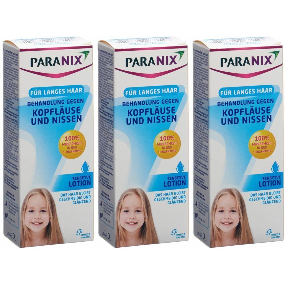 Drei Schachteln PARANIX. Aufschrift: Behandlung gegen Kopfläuse und Nissen. Abbildung eines Mädchens mit langen Haaren.