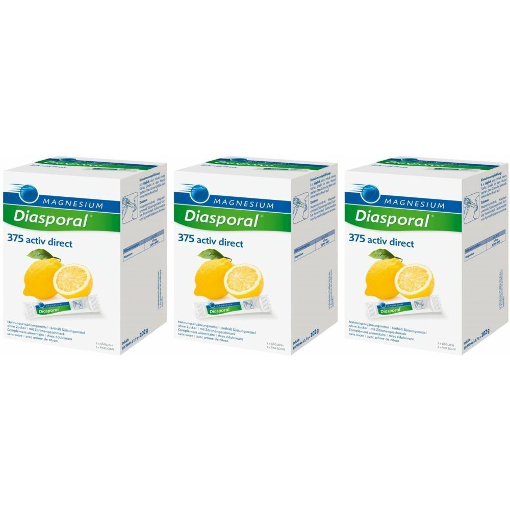 Drei Schachteln Magnesium Diasporal 375 activ direct. Auf jeder Schachtel: Logo, Produktname, Zitrone und Beutel.