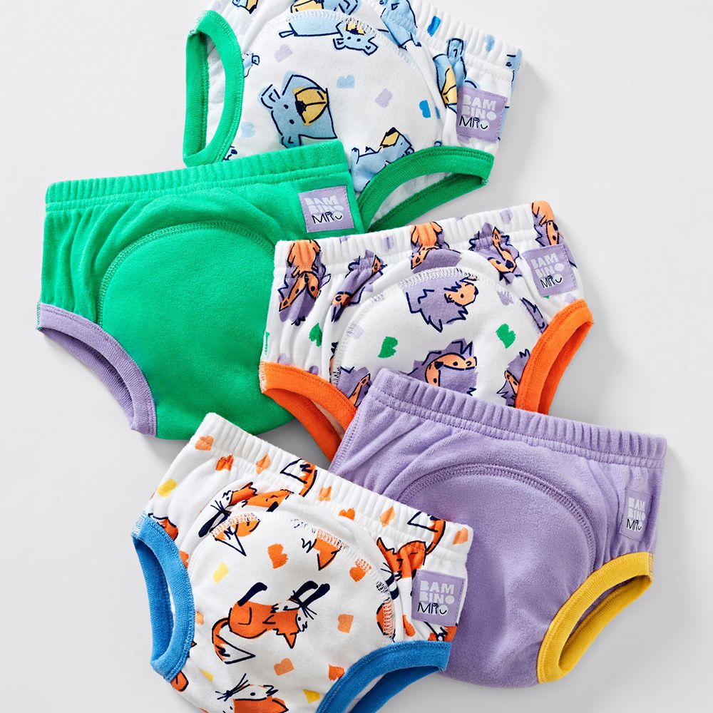 Mehrfarbige Lernhöschen mit Tiermotiven. Verschiedene Farben und Muster. Marke Bambino Mio.