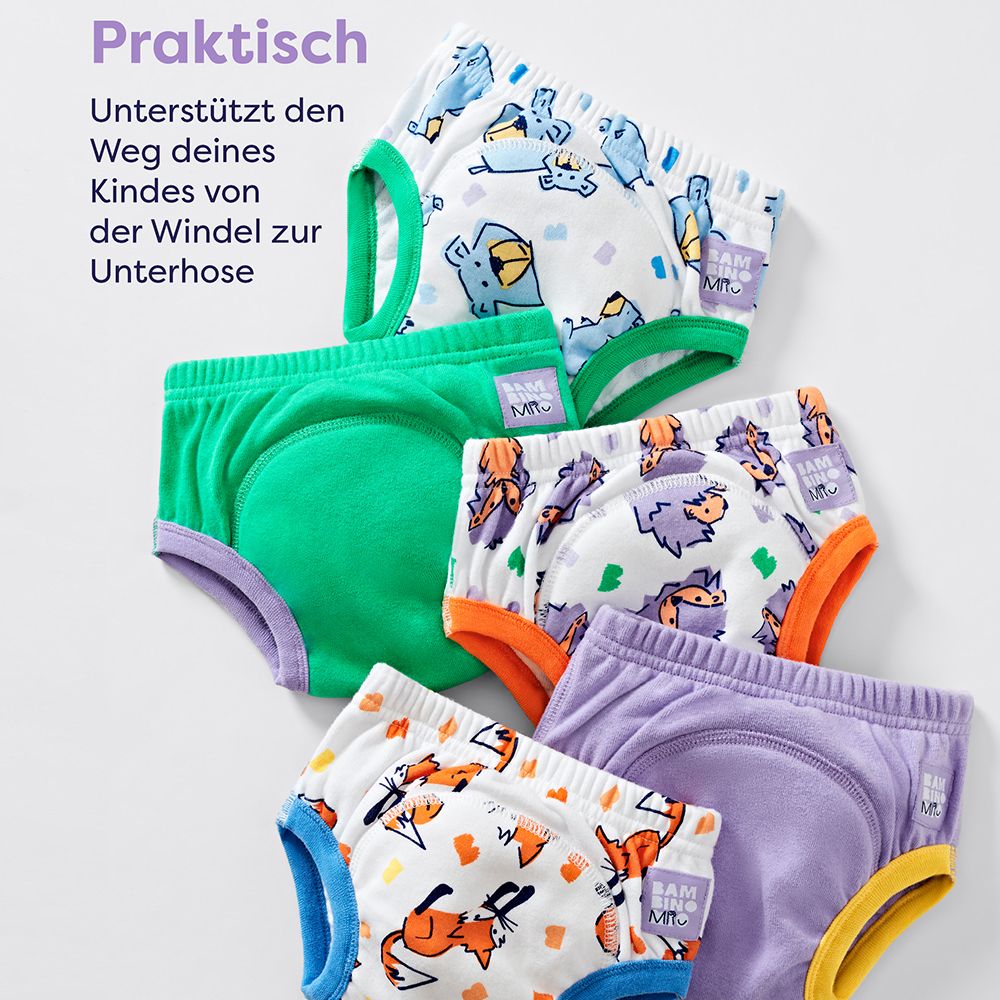 Mehrere Lernhöschen mit Tiermotiven. Text: Praktisch. Unterstützt den Weg des Kindes von der Windel zur Unterhose.