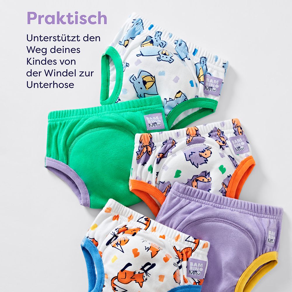 Mehrfarbige waschbare Lernhöschen. Text: "Praktisch". Unterstützt den Weg des Kindes von der Windel zur Unterhose.