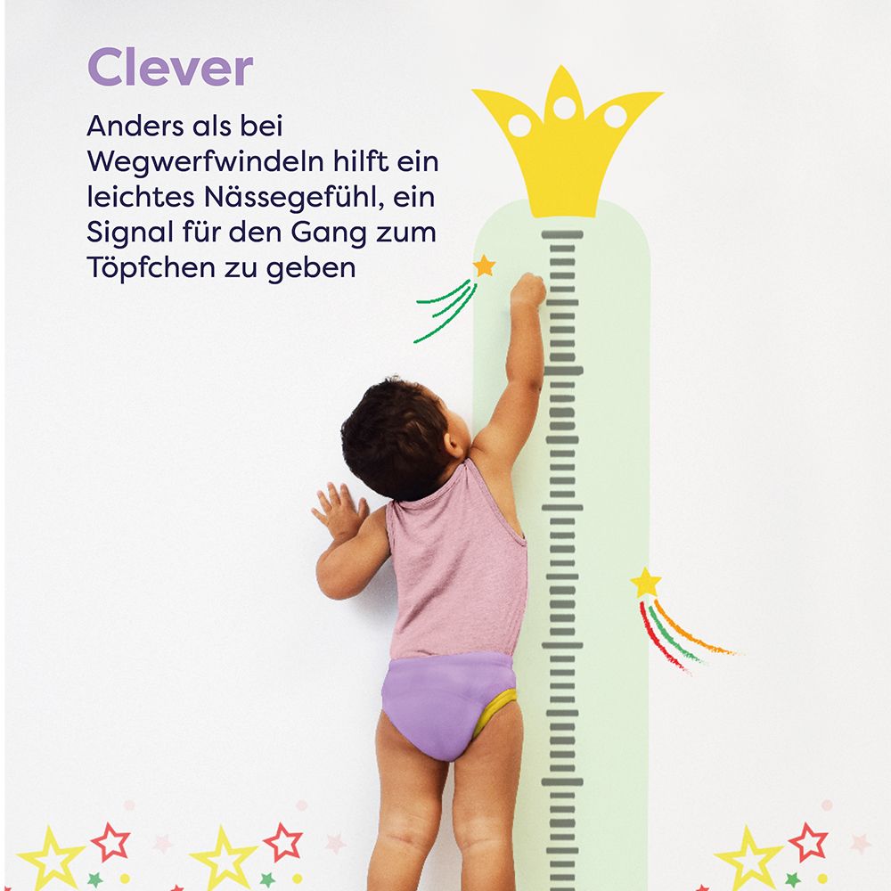 Kind in Lernhöschen an einer Messlatte. Text: "Clever". Nässe als Signal für den Gang zum Töpfchen.