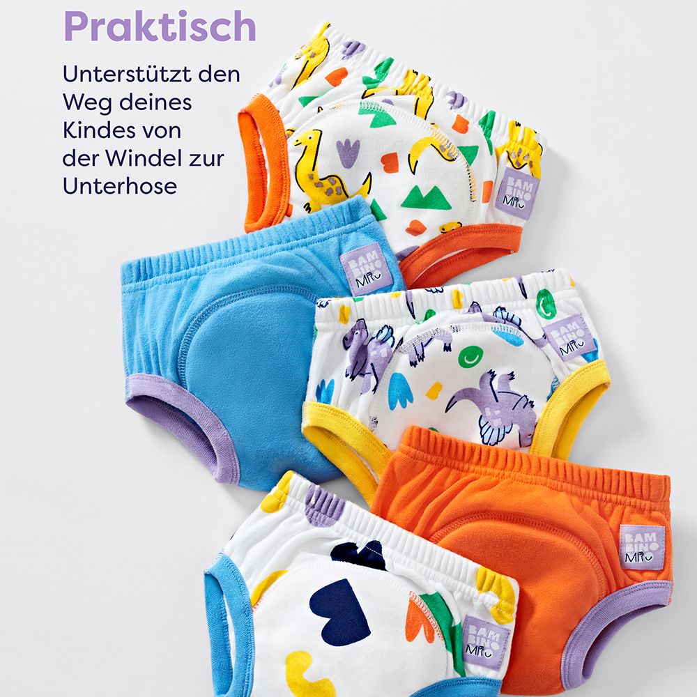 Meerdere wasbare oefenbroekjes met dinosaurusmotieven. Tekst: Praktisch. Ondersteunt de overgang van luier naar onderbroek.