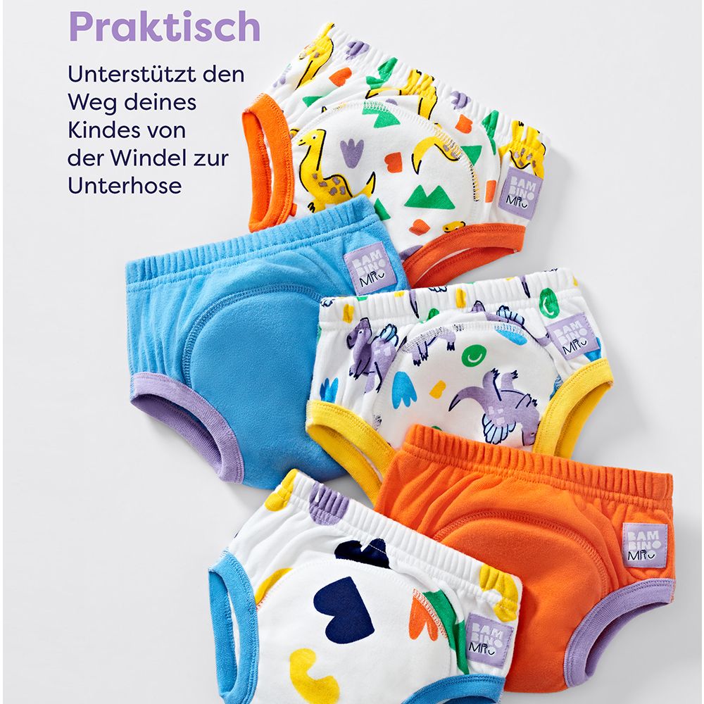 Plusieurs culottes d'apprentissage lavables avec motifs dinosaures. Différentes couleurs et motifs. Avec logo.