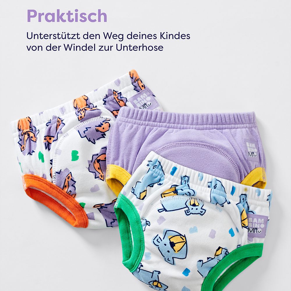 Drei waschbare Lernhöschen. Text: Praktisch. Unterstützt den Weg deines Kindes von der Windel zur Unterhose.
